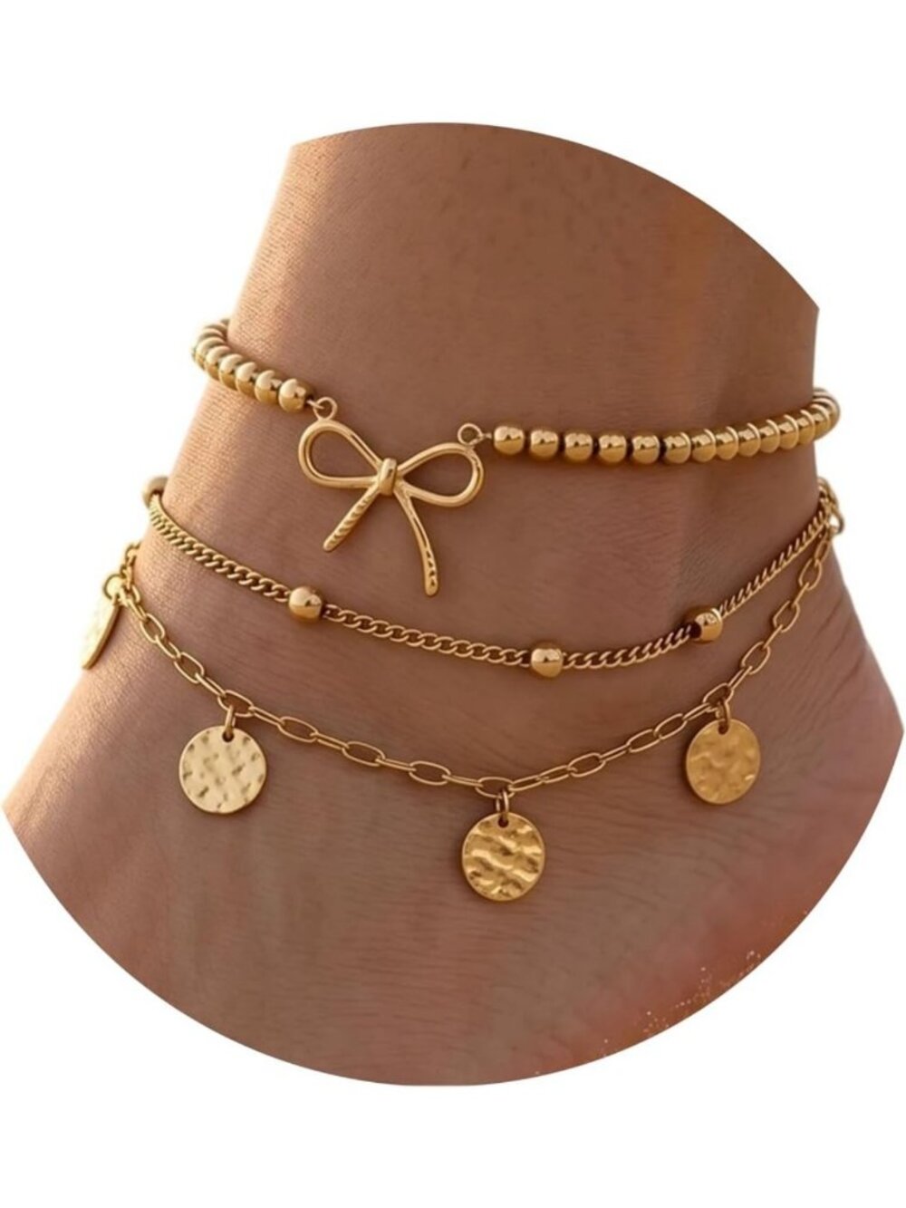Layered Ankle Bracelets Set - 18K Gold/Silver Plated, Waterproof, Adjustable